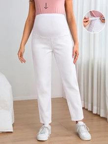 SHEIN Maternity White Minimalist Baggy Casual Denim Jeans Photoshoot Maternity Shoot Winter Going Out Formal - White - View 4