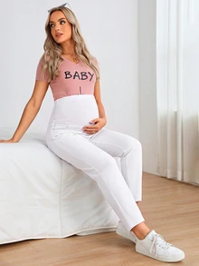 SHEIN Maternity White Minimalist Baggy Casual Denim Jeans Photoshoot Maternity Shoot Winter Going Out Formal - White - View 3