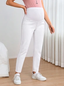 SHEIN Maternity White Minimalist Baggy Casual Denim Jeans Photoshoot Maternity Shoot Winter Going Out Formal - White - View 6