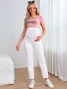 SHEIN Maternity White Minimalist Baggy Casual Denim Jeans Photoshoot Maternity Shoot Winter Going Out Formal - White - View 7
