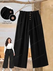 Rusticease Plus Size Women's Solid Color Pleated Casual Soft Form Decent Versatile Daily Wear Wide Leg Pants Autumn Formal Vacation Black - Black - View 1