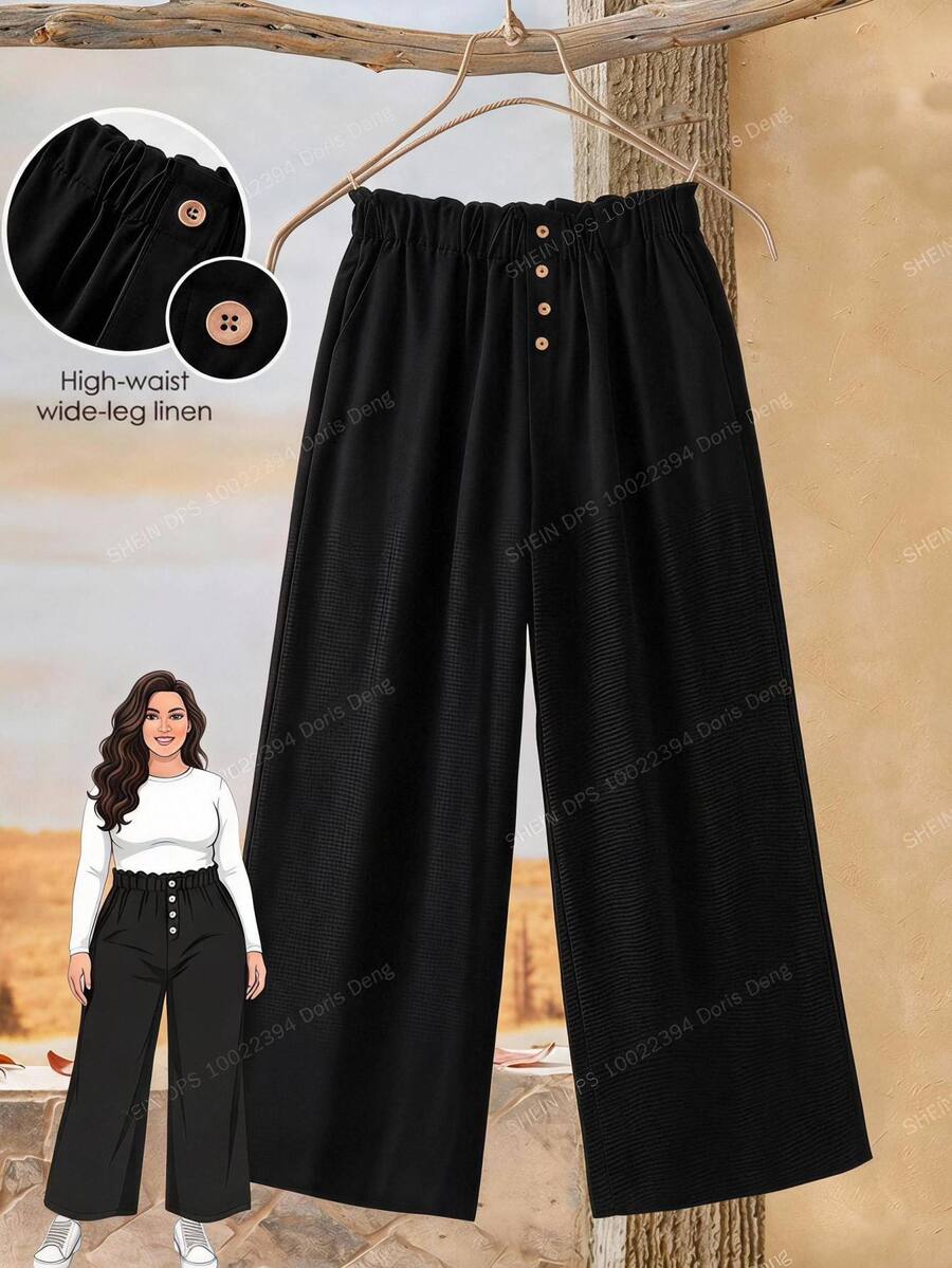 Rusticease Plus Size Women's Solid Color Pleated Casual Soft Form Decent Versatile Daily Wear Wide Leg Pants Autumn Formal Vacation Black - Black - View 1