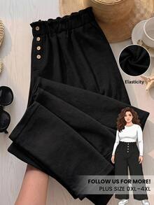 Rusticease Plus Size Women's Solid Color Pleated Casual Soft Form Decent Versatile Daily Wear Wide Leg Pants Autumn Formal Vacation Black - Black - View 2