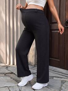 SHEIN Maternity Pants Elegant Funny Soft Form Front Fabric Covered Button Design Pockets Back Waist Shirred Black Straight Leg Long Autumn Photoshoot Fall - Black - View 9