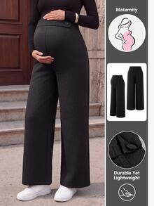 SHEIN Maternity Pants Elegant Funny Soft Form Front Fabric Covered Button Design Pockets Back Waist Shirred Black Straight Leg Long Autumn Photoshoot Fall - Black - View 10