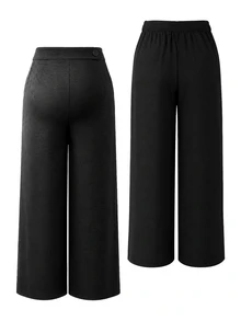 SHEIN Maternity Pants Elegant Funny Soft Form Front Fabric Covered Button Design Pockets Back Waist Shirred Black Straight Leg Long Autumn Photoshoot Fall - Black - View 3