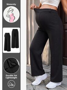 SHEIN Maternity Pants Elegant Funny Soft Form Front Fabric Covered Button Design Pockets Back Waist Shirred Black Straight Leg Long Autumn Photoshoot Fall - Black - View 1