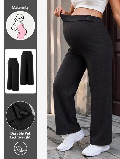 Momance Maternity Pants Elegant Soft Form Front Fabric Covered Button Design Pockets Back Waist Shirred Black Straight Leg Long Autumn Photoshoot