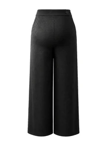 SHEIN Maternity Pants Elegant Funny Soft Form Front Fabric Covered Button Design Pockets Back Waist Shirred Black Straight Leg Long Autumn Photoshoot Fall - Black - View 7