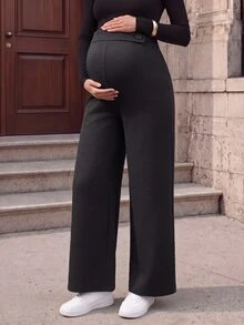 SHEIN Maternity Pants Elegant Funny Soft Form Front Fabric Covered Button Design Pockets Back Waist Shirred Black Straight Leg Long Autumn Photoshoot Fall - Black - View 8