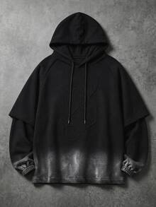 SUMWON Áo hoodie oversize vai trễ, họa tiết dập nổi cùng tông mặt trước, gấu áo wash, mũ oversize, món đồ thiết yếu cho mùa thu đông - màu đen - Xem 1