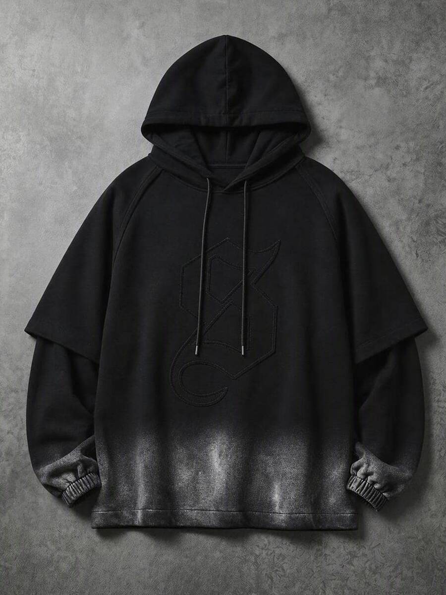 SUMWON Áo hoodie oversize vai trễ, họa tiết dập nổi cùng tông mặt trước, gấu áo wash, mũ oversize, món đồ thiết yếu cho mùa thu đông - màu đen - Xem 1