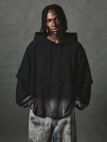 SUMWON Áo hoodie oversize vai trễ, họa tiết dập nổi cùng tông mặt trước, gấu áo wash, mũ oversize, món đồ thiết yếu cho mùa thu đông - màu đen - Xem 6