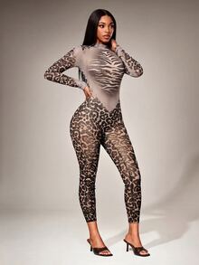 Radiana Sexy Casual Mesh Leopard Print All-Over See-Through Skinny Jump Grey Leopard Print Suit, Suitable For Nightclub Club Night Out, Party, Autumn - Multicolor - View 6
