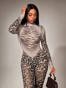 Radiana Sexy Casual Mesh Leopard Print All-Over See-Through Skinny Jump Grey Leopard Print Suit, Suitable For Nightclub Club Night Out, Party, Autumn - Multicolor - View 8