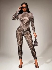 Radiana Sexy Casual Mesh Leopard Print All-Over See-Through Skinny Jump Grey Leopard Print Suit, Suitable For Nightclub Club Night Out, Party, Autumn - Multicolor - View 5