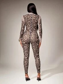 Radiana Sexy Casual Mesh Leopard Print All-Over See-Through Skinny Jump Grey Leopard Print Suit, Suitable For Nightclub Club Night Out, Party, Autumn - Multicolor - View 3