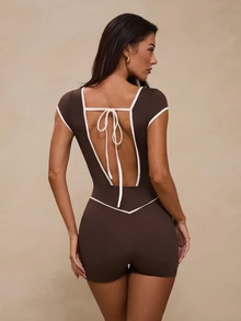 Glamine Brown And White Stripe Contrast Trim Fitted Slimming Short Sleeve Back Tie Open Back Short Jumpsuit Athletic Sporty Sexy Gym Summer Workout - Brown - View 4