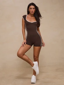 Glamine Brown And White Stripe Contrast Trim Fitted Slimming Short Sleeve Back Tie Open Back Short Jumpsuit Athletic Sporty Sexy Gym Summer Workout - Brown - View 7
