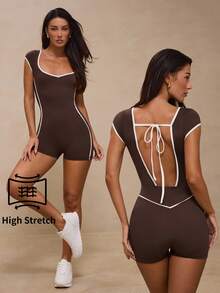 Glamine Brown And White Stripe Contrast Trim Fitted Slimming Short Sleeve Back Tie Open Back Short Jumpsuit Athletic Sporty Sexy Gym Summer Workout - Brown - View 2