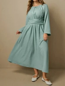 Levarali Vestido largo modesto verde menta con cuello redondo fruncido, mangas acampanadas, cintura cruzada y plisado para resort, vacaciones y otoño - Azul menta - Ver 3