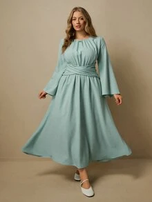 Levarali Vestido largo modesto verde menta con cuello redondo fruncido, mangas acampanadas, cintura cruzada y plisado para resort, vacaciones y otoño - Azul menta - Ver 6