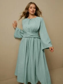 Levarali Vestido largo modesto verde menta con cuello redondo fruncido, mangas acampanadas, cintura cruzada y plisado para resort, vacaciones y otoño - Azul menta - Ver 1