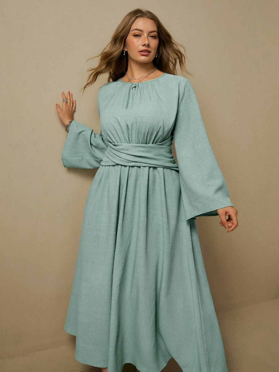 Levarali Vestido largo modesto verde menta con cuello redondo fruncido, mangas acampanadas, cintura cruzada y plisado para resort, vacaciones y otoño - Azul menta - Ver 1