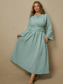 Levarali Vestido largo modesto verde menta con cuello redondo fruncido, mangas acampanadas, cintura cruzada y plisado para resort, vacaciones y otoño - Azul menta - Ver 7