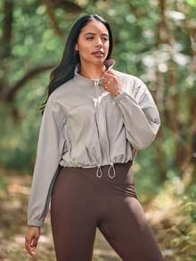 Voyena Plus Size Women's Solid Color Long Sleeve Zipper Front Casual Jacket Fall - Khaki - View 7
