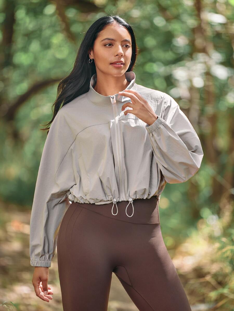Voyena Plus Size Women's Solid Color Long Sleeve Zipper Front Casual Jacket Fall - Khaki - View 1