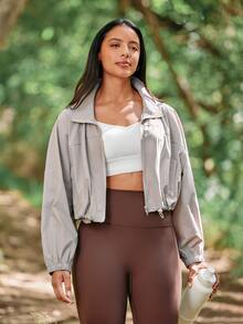 Voyena Plus Size Women's Solid Color Long Sleeve Zipper Front Casual Jacket Fall - Khaki - View 6