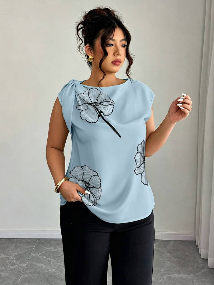 Elenzga Women's Plus Size Spring/Summer Elegant Streetwear Neckline Tie Decor Contrast Color 3D Flower Cap Sleeve Round Neck Blouse Chic - Mint Green - View 4