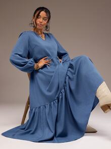 Freevana Boho Blue Notch V-Neck Long Lantern Sleeve Tiered Ruffle Maxi Dress For Women Vintage Fall - Dusty Blue - View 5