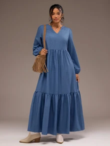 Freevana Boho Blue Notch V-Neck Long Lantern Sleeve Tiered Ruffle Maxi Dress For Women Vintage Fall - Dusty Blue - View 3