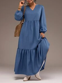 Freevana Boho Blue Notch V-Neck Long Lantern Sleeve Tiered Ruffle Maxi Dress For Women Vintage Fall - Dusty Blue - View 1