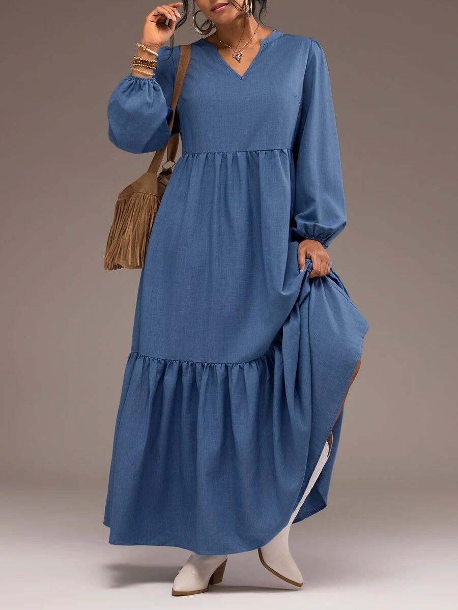 Freevana Boho Blue Notch V-Neck Long Lantern Sleeve Tiered Ruffle Maxi Dress For Women Vintage Fall - Dusty Blue - View 1