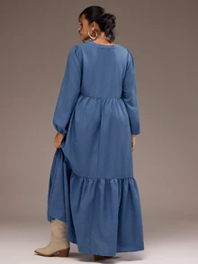 Freevana Boho Blue Notch V-Neck Long Lantern Sleeve Tiered Ruffle Maxi Dress For Women Vintage Fall - Dusty Blue - View 2