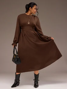 Freevana Plus Size Modest Chocolate Brown Round Neck Long Sleeve Ruched Waist Flowy Maxi Dress For Fall Outfit - Brown - View 1