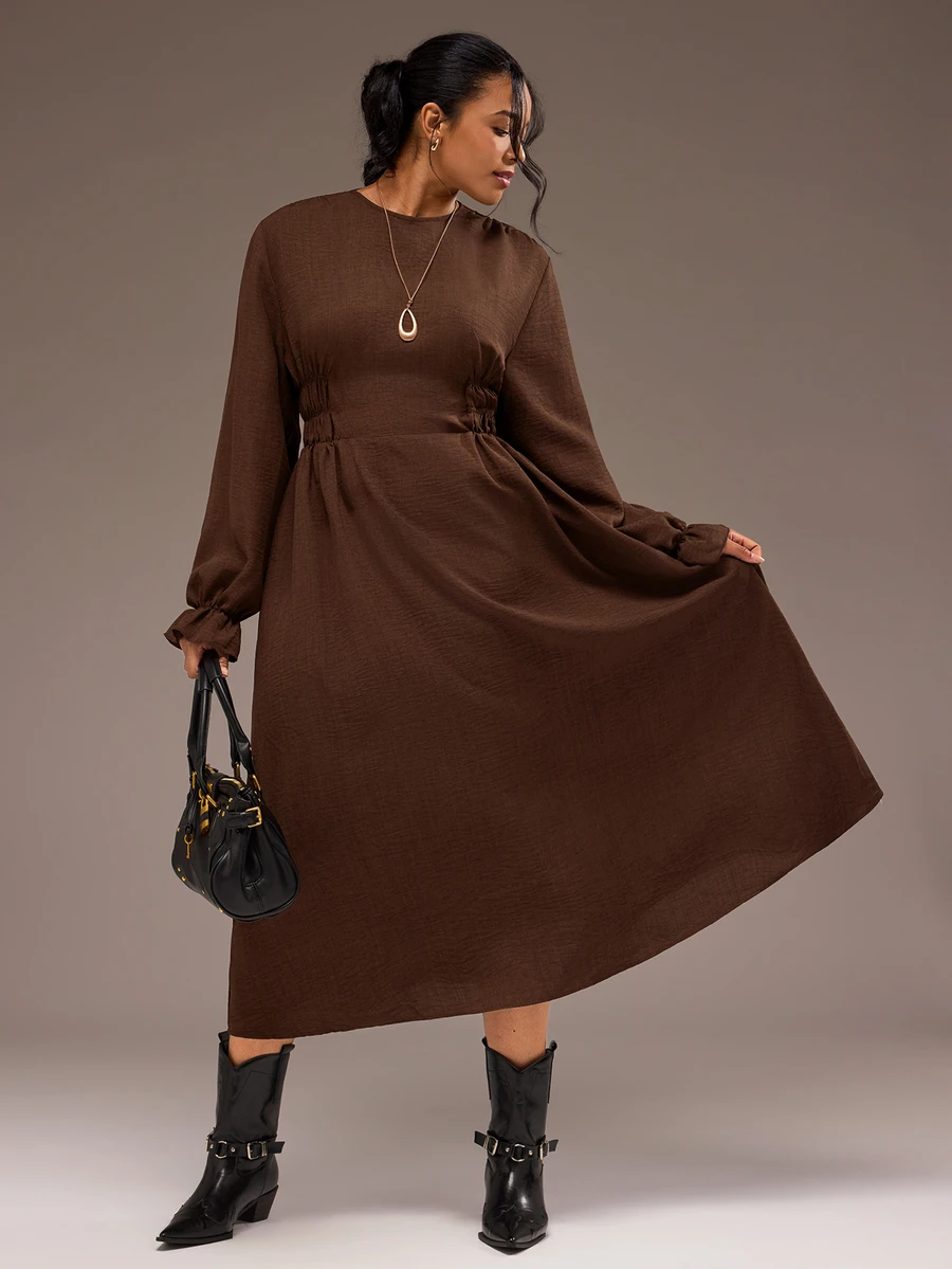 Freevana Plus Size Modest Chocolate Brown Round Neck Long Sleeve Ruched Waist Flowy Maxi Dress For Fall Outfit - Brown - View 1