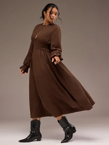 Freevana Plus Size Modest Chocolate Brown Round Neck Long Sleeve Ruched Waist Flowy Maxi Dress For Fall Outfit - Brown - View 4