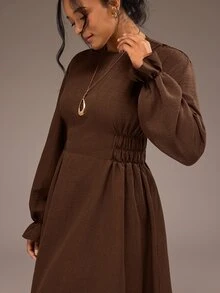 Freevana Plus Size Modest Chocolate Brown Round Neck Long Sleeve Ruched Waist Flowy Maxi Dress For Fall Outfit - Brown - View 5