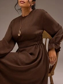 Freevana Plus Size Modest Chocolate Brown Round Neck Long Sleeve Ruched Waist Flowy Maxi Dress For Fall Outfit - Brown - View 6