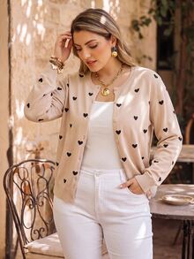 Rosumi Plus Heart Pattern Button Front Cardigan  Fall Clothes For Women Winter Clothes For Women  Comfortable Home-Style Heart-Patterned Cardigan/Knitwear - Multicolor - View 9