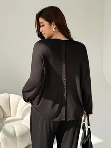 Auralis Plus Size Women Solid Color Round Neck Long Sleeve T-Shirt And Pants Casual 2-Piece Set Fall/Winter Casual Daily Going Out Work 2 Pieces Set For Women - Black - View 3