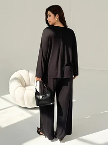 Auralis Plus Size Women Solid Color Round Neck Long Sleeve T-Shirt And Pants Casual 2-Piece Set Fall/Winter Casual Daily Going Out Work 2 Pieces Set For Women - Black - View 2