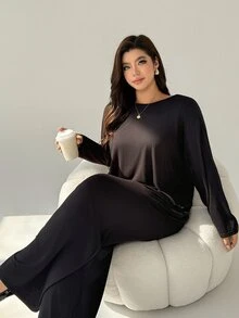 Auralis Plus Size Women Solid Color Round Neck Long Sleeve T-Shirt And Pants Casual 2-Piece Set Fall/Winter Casual Daily Going Out Work 2 Pieces Set For Women - Black - View 4