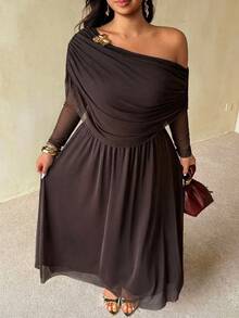 Auralis Plus Size Women Solid Color Asymmetrical Neck Long Sleeve Metal 3D Flower Decor Elegant Formal Dress Autumn Brown Cocktail - Brown - View 3