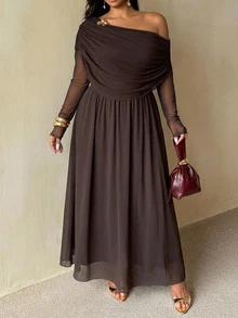 Auralis Plus Size Women Solid Color Asymmetrical Neck Long Sleeve Metal 3D Flower Decor Elegant Formal Dress Autumn Brown Cocktail - Brown - View 6