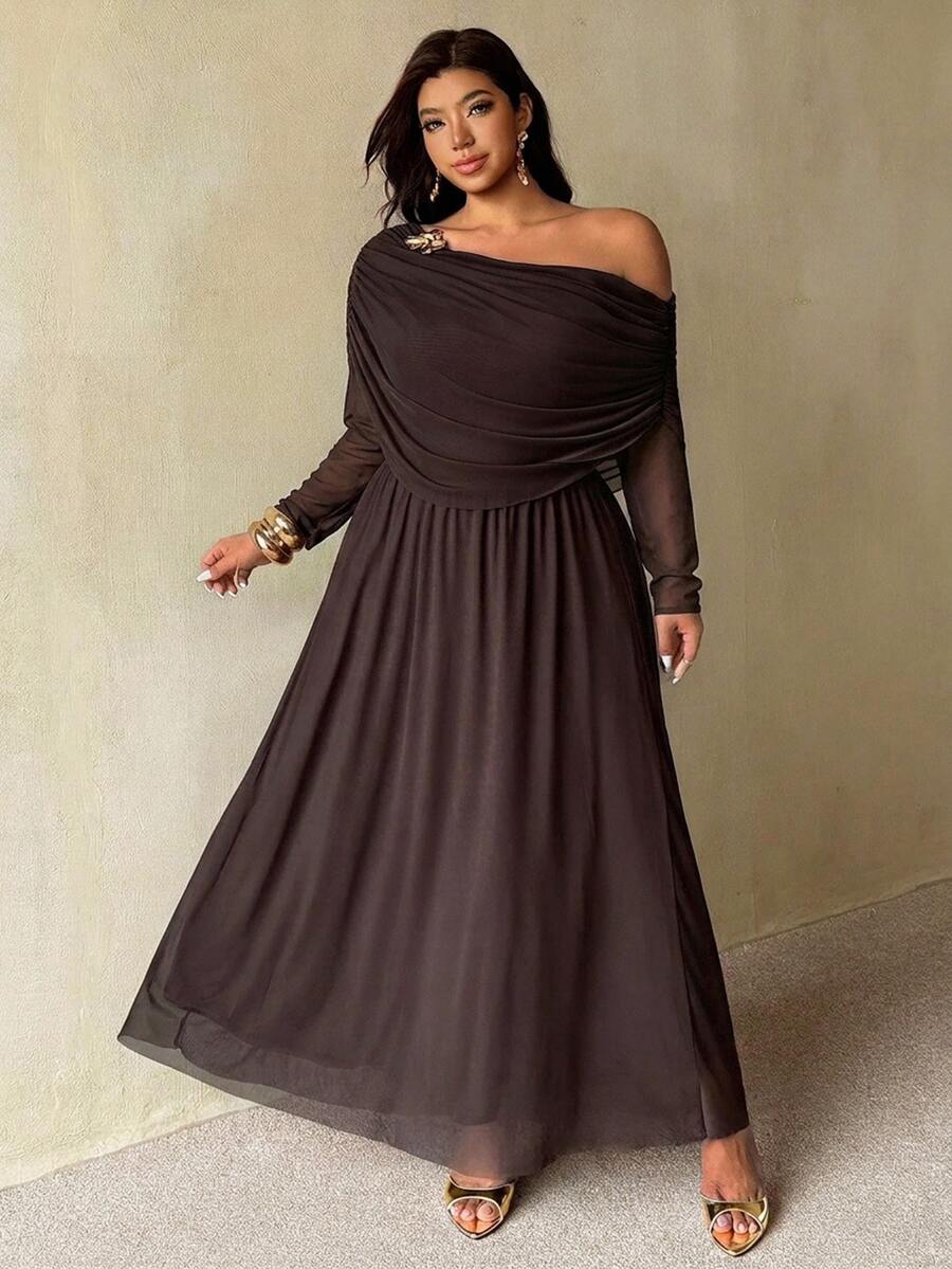 Auralis Plus Size Women Solid Color Asymmetrical Neck Long Sleeve Metal 3D Flower Decor Elegant Formal Dress Autumn Brown Cocktail